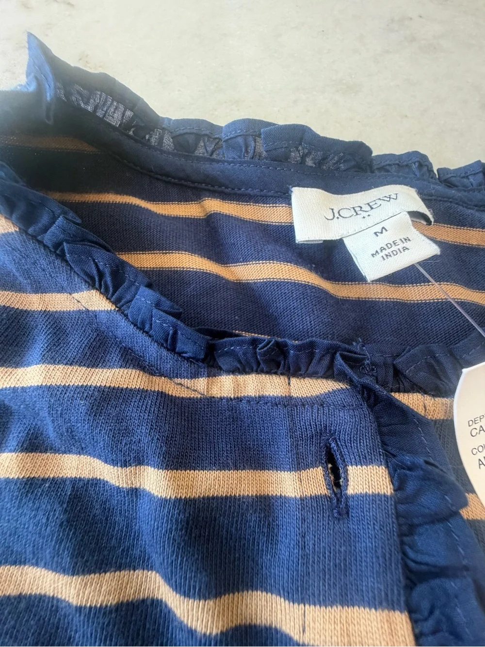 J CREW Striped Navy and Tan Long-Sleeve Henley Top w ruffle detail! New! M